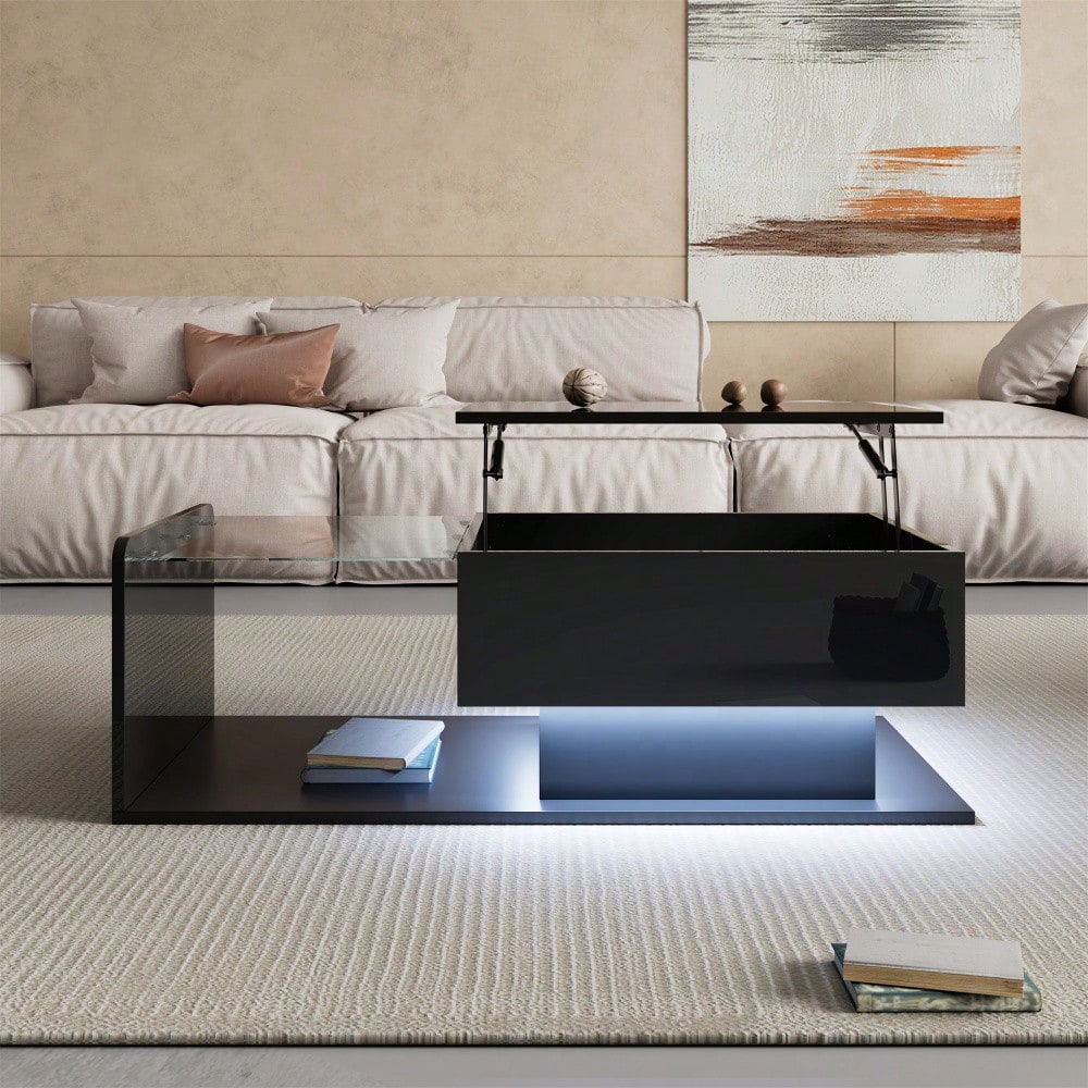 Couchtisch, Hochglanz Schwarz, Beistelltisch, Couchtisch mit Glas und LED-Effekt, mit Glasplatte