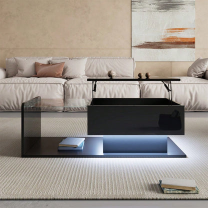 Couchtisch, Hochglanz Schwarz, Beistelltisch, Couchtisch mit Glas und LED-Effekt, mit Glasplatte