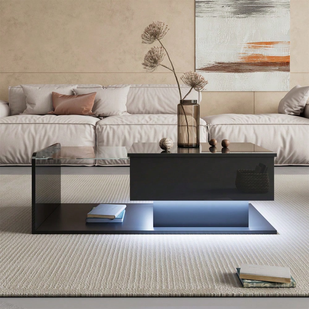 Couchtisch, Hochglanz Schwarz, Beistelltisch, Couchtisch mit Glas und LED-Effekt, mit Glasplatte