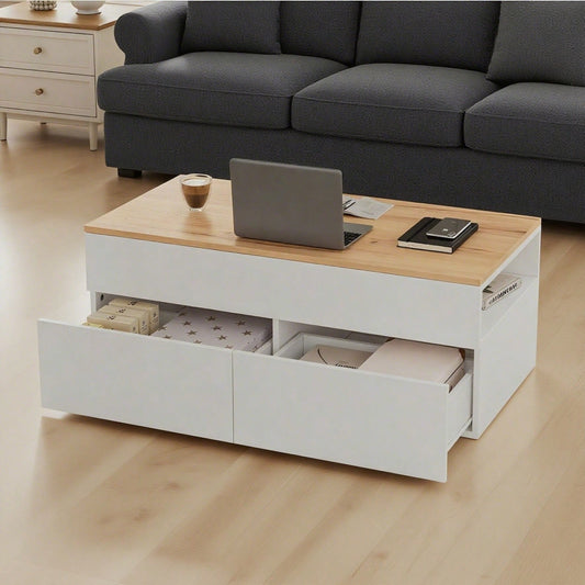 100*50*40cm couchtisch Höhenverstellbarer Kaffeetisch mit Verstecktem Stauraum, wohnzimmertisch mit 2 schubladen,Sofatisch mit halboffenem Stauraum, Beistelltisch in Weiß + Holzfarbe