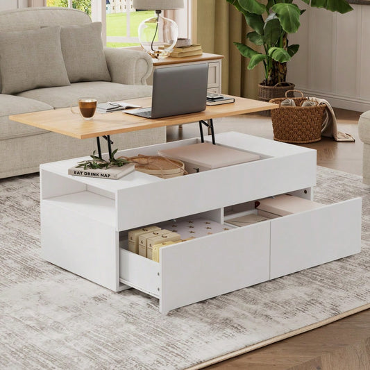 100*50*40cm couchtisch Höhenverstellbarer Kaffeetisch mit Verstecktem Stauraum, wohnzimmertisch mit 2 schubladen,Sofatisch mit halboffenem Stauraum, Beistelltisch in Weiß + Holzfarbe