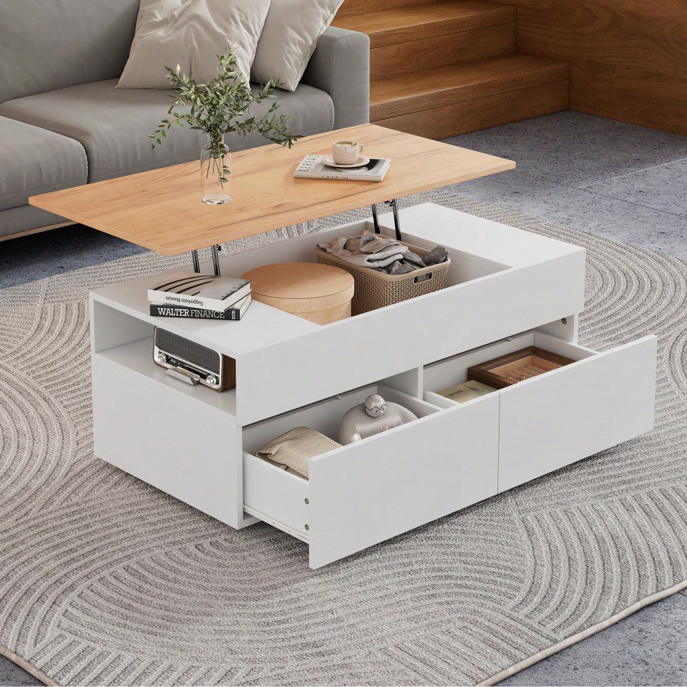 100*50*40cm couchtisch Höhenverstellbarer Kaffeetisch mit Verstecktem Stauraum, wohnzimmertisch mit 2 schubladen,Sofatisch mit halboffenem Stauraum, Beistelltisch in Weiß + Holzfarbe