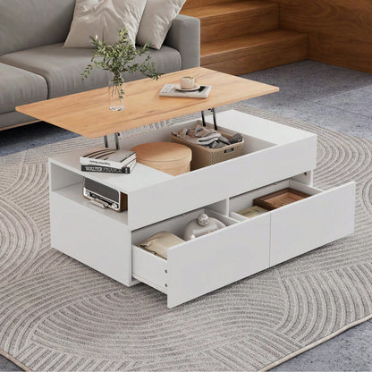100*50*40cm couchtisch Höhenverstellbarer Kaffeetisch mit Verstecktem Stauraum, wohnzimmertisch mit 2 schubladen,Sofatisch mit halboffenem Stauraum, Beistelltisch in Weiß + Holzfarbe