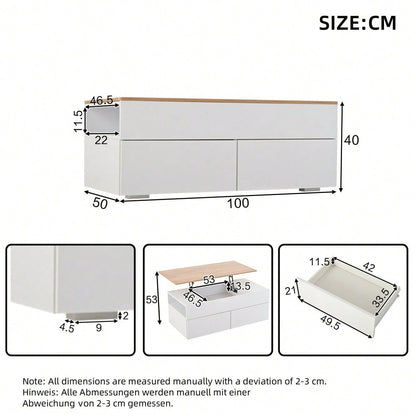 100*50*40cm couchtisch Höhenverstellbarer Kaffeetisch mit Verstecktem Stauraum, wohnzimmertisch mit 2 schubladen,Sofatisch mit halboffenem Stauraum, Beistelltisch in Weiß + Holzfarbe