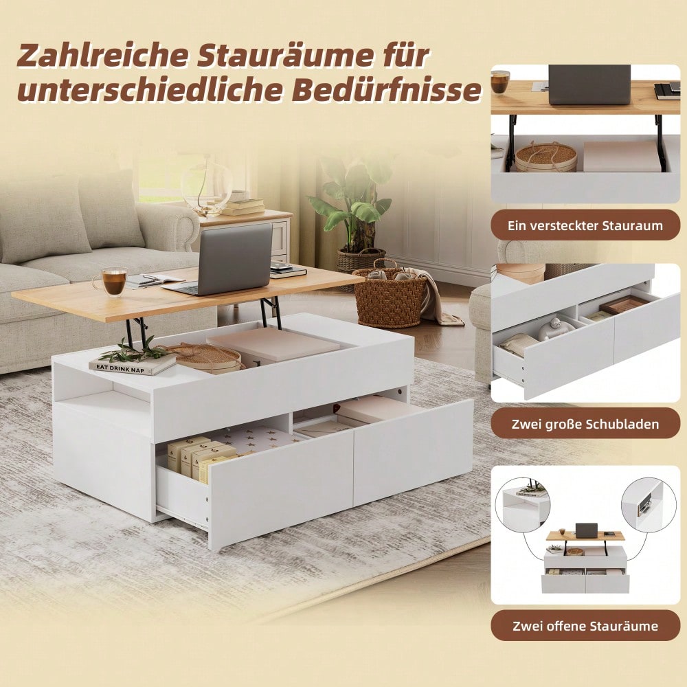 100*50*40cm couchtisch Höhenverstellbarer Kaffeetisch mit Verstecktem Stauraum, wohnzimmertisch mit 2 schubladen,Sofatisch mit halboffenem Stauraum, Beistelltisch in Weiß + Holzfarbe
