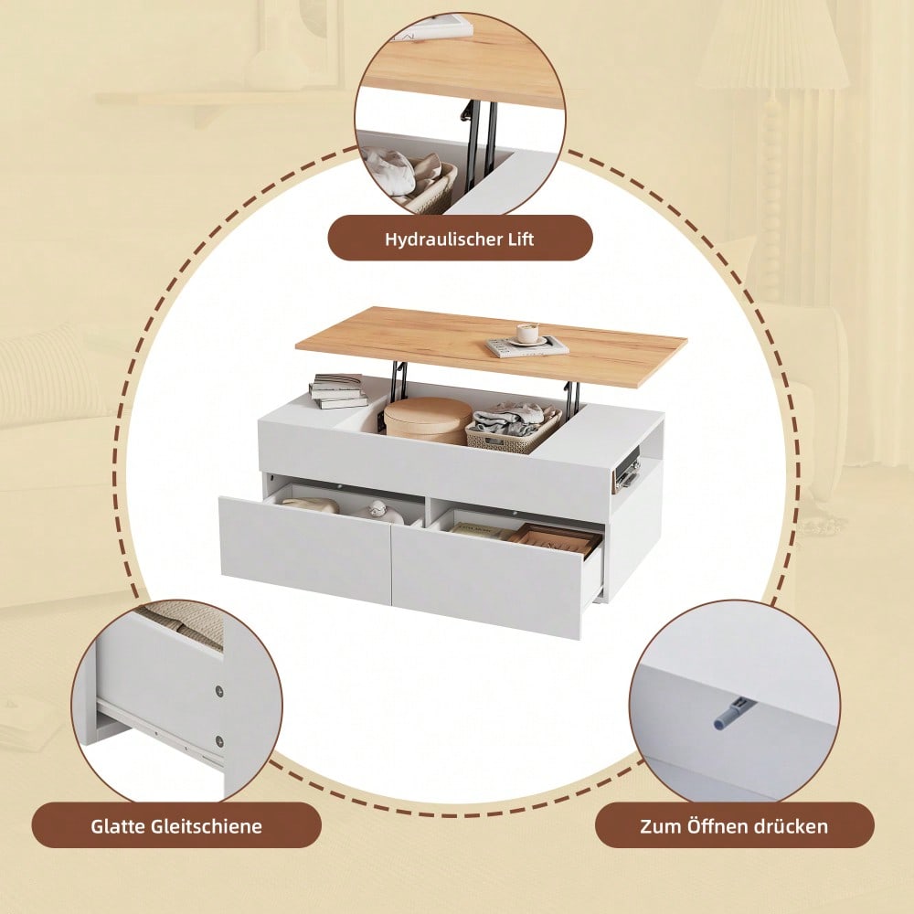 100*50*40cm couchtisch Höhenverstellbarer Kaffeetisch mit Verstecktem Stauraum, wohnzimmertisch mit 2 schubladen,Sofatisch mit halboffenem Stauraum, Beistelltisch in Weiß + Holzfarbe