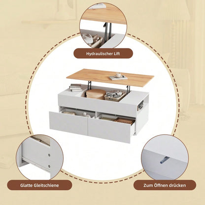 100*50*40cm couchtisch Höhenverstellbarer Kaffeetisch mit Verstecktem Stauraum, wohnzimmertisch mit 2 schubladen,Sofatisch mit halboffenem Stauraum, Beistelltisch in Weiß + Holzfarbe