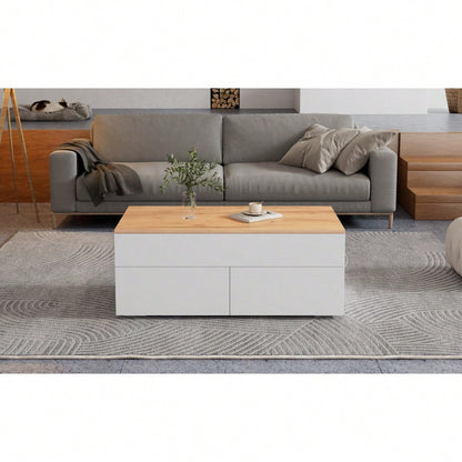 100*50*40cm couchtisch Höhenverstellbarer Kaffeetisch mit Verstecktem Stauraum, wohnzimmertisch mit 2 schubladen,Sofatisch mit halboffenem Stauraum, Beistelltisch in Weiß + Holzfarbe