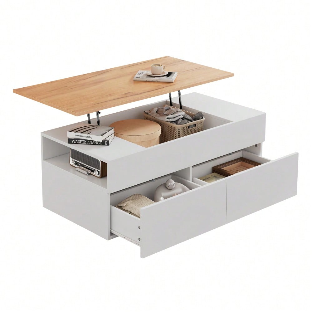100*50*40cm couchtisch Höhenverstellbarer Kaffeetisch mit Verstecktem Stauraum, wohnzimmertisch mit 2 schubladen,Sofatisch mit halboffenem Stauraum, Beistelltisch in Weiß + Holzfarbe