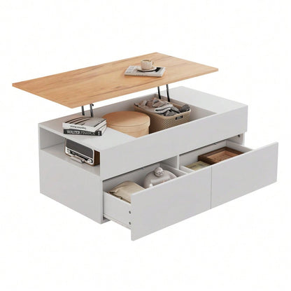 100*50*40cm couchtisch Höhenverstellbarer Kaffeetisch mit Verstecktem Stauraum, wohnzimmertisch mit 2 schubladen,Sofatisch mit halboffenem Stauraum, Beistelltisch in Weiß + Holzfarbe