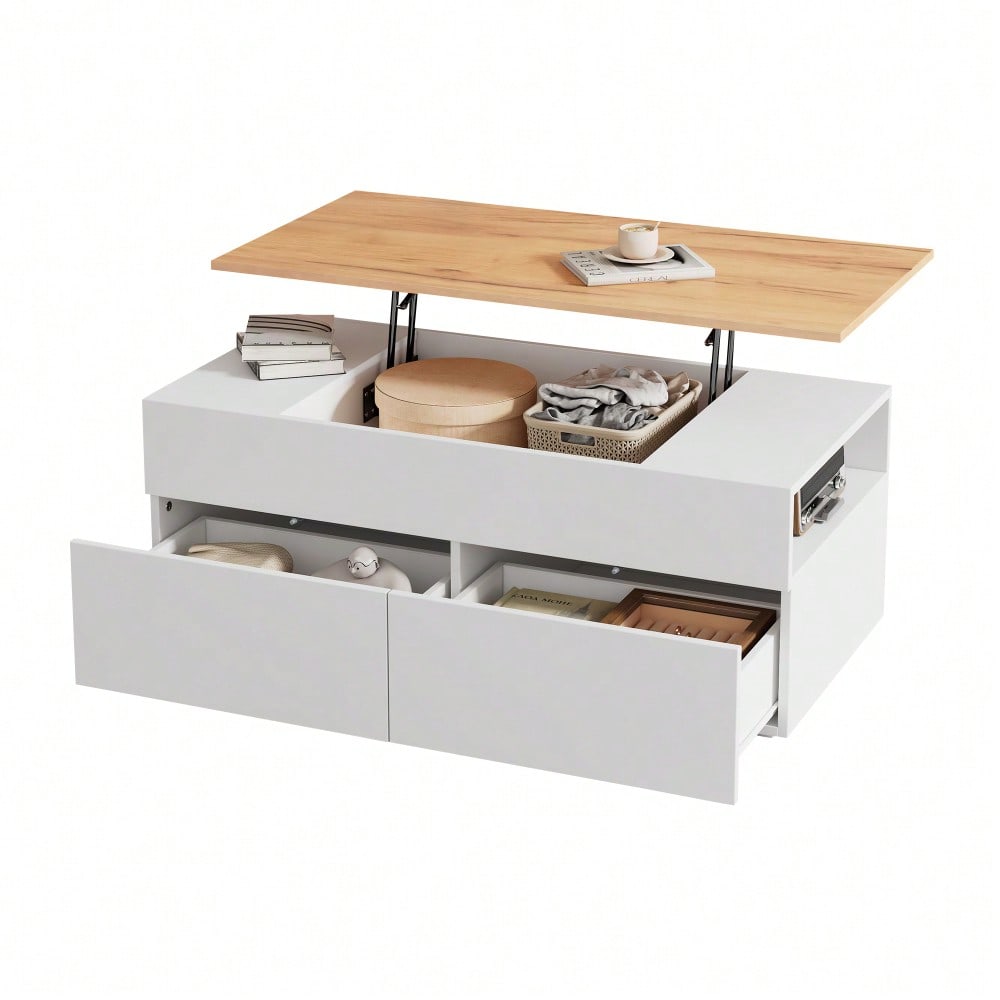 100*50*40cm couchtisch Höhenverstellbarer Kaffeetisch mit Verstecktem Stauraum, wohnzimmertisch mit 2 schubladen,Sofatisch mit halboffenem Stauraum, Beistelltisch in Weiß + Holzfarbe