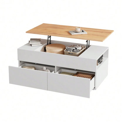 100*50*40cm couchtisch Höhenverstellbarer Kaffeetisch mit Verstecktem Stauraum, wohnzimmertisch mit 2 schubladen,Sofatisch mit halboffenem Stauraum, Beistelltisch in Weiß + Holzfarbe