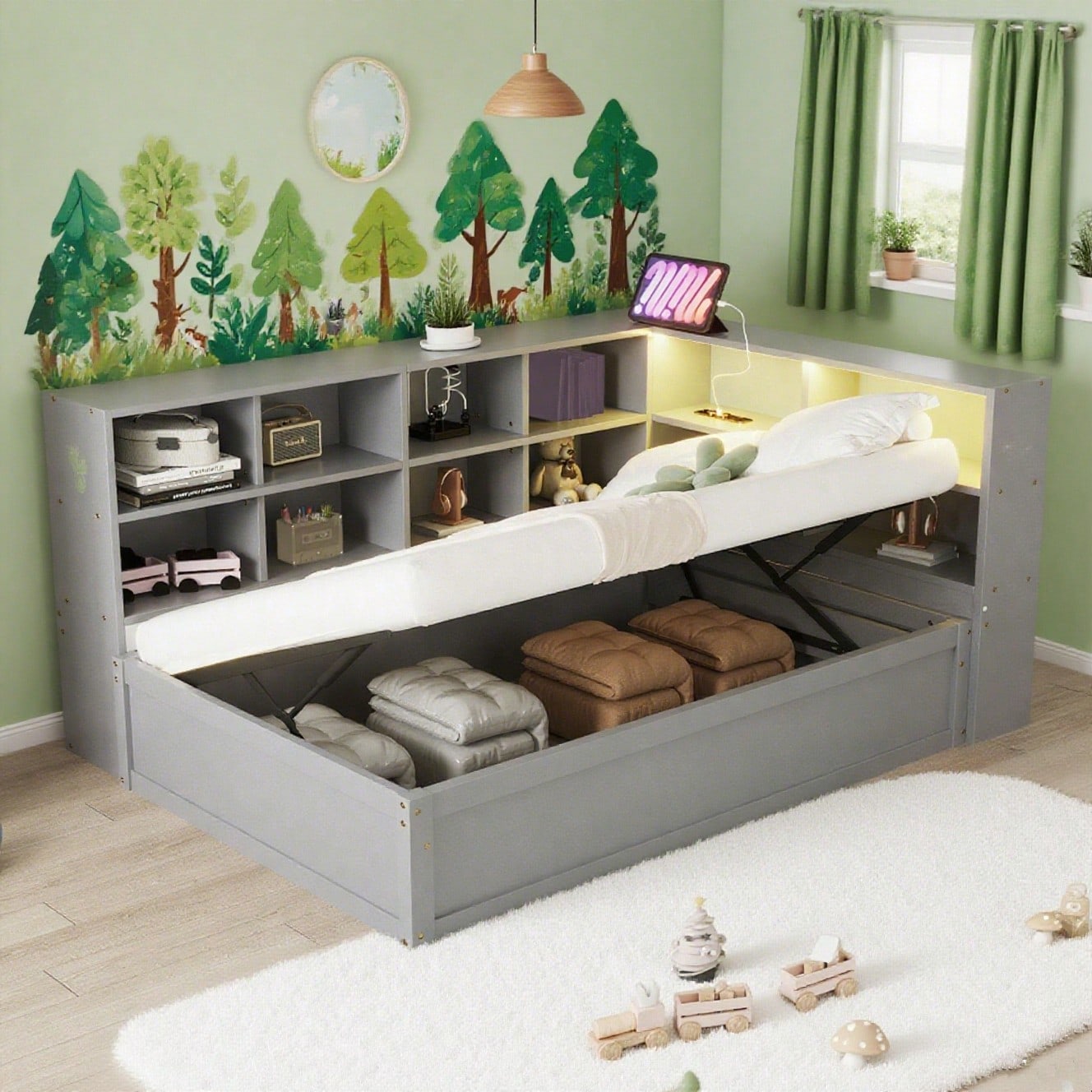 Schlafsofa 90*200, mit Mehrfachsteckdose und mehreren Staufächern, mit Lichtleiste, hydraulisches Bett, Massivholzbett, Einzelbett, multifunktionales Holzbett, Grau.