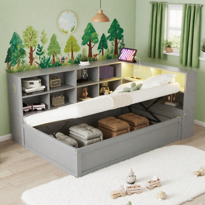 Schlafsofa 90*200, mit Mehrfachsteckdose und mehreren Staufächern, mit Lichtleiste, hydraulisches Bett, Massivholzbett, Einzelbett, multifunktionales Holzbett, Grau.