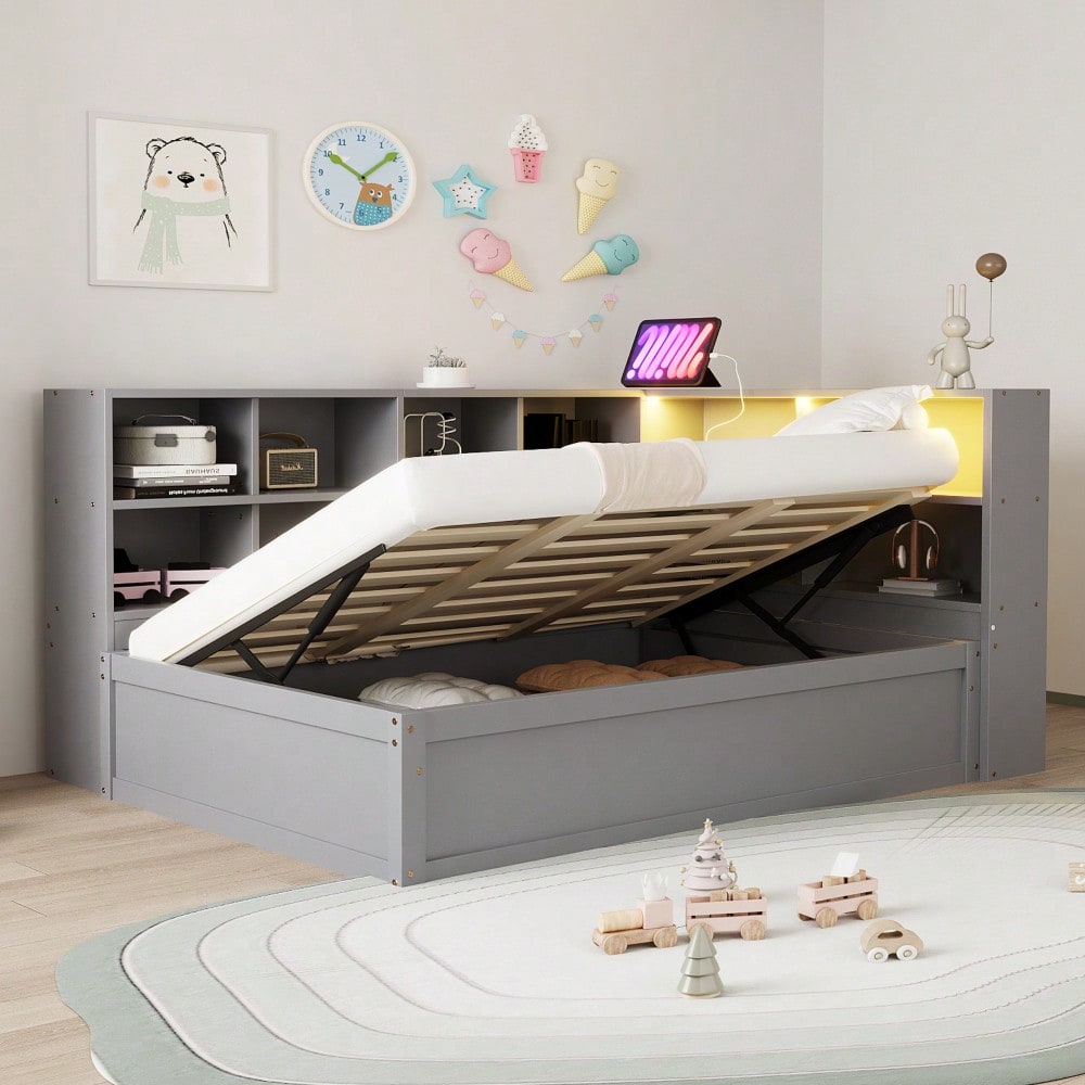 Schlafsofa 90*200, mit Mehrfachsteckdose und mehreren Staufächern, mit Lichtleiste, hydraulisches Bett, Massivholzbett, Einzelbett, multifunktionales Holzbett, Grau.