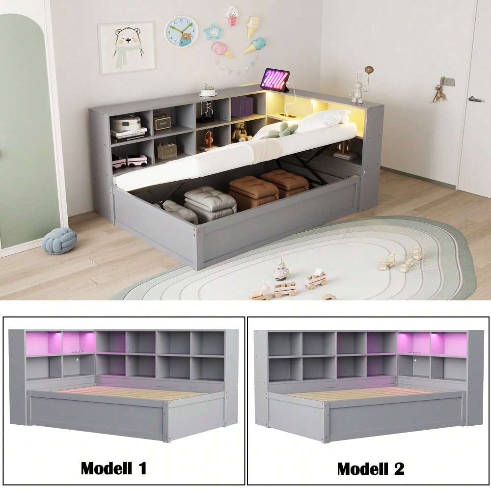 Schlafsofa 90*200, mit Mehrfachsteckdose und mehreren Staufächern, mit Lichtleiste, hydraulisches Bett, Massivholzbett, Einzelbett, multifunktionales Holzbett, Grau.