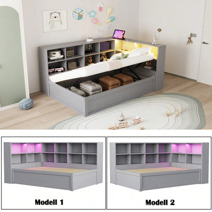 Schlafsofa 90*200, mit Mehrfachsteckdose und mehreren Staufächern, mit Lichtleiste, hydraulisches Bett, Massivholzbett, Einzelbett, multifunktionales Holzbett, Grau.