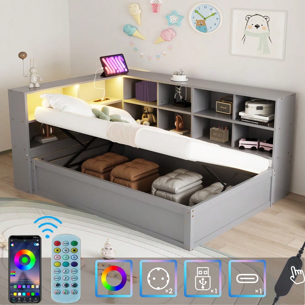 Schlafsofa 90*200, mit Mehrfachsteckdose und mehreren Staufächern, mit Lichtleiste, hydraulisches Bett, Massivholzbett, Einzelbett, multifunktionales Holzbett, Grau.