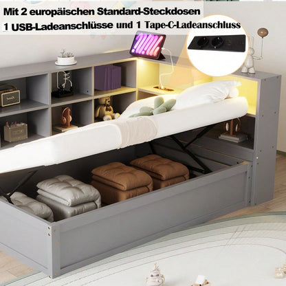 Schlafsofa 90*200, mit Mehrfachsteckdose und mehreren Staufächern, mit Lichtleiste, hydraulisches Bett, Massivholzbett, Einzelbett, multifunktionales Holzbett, Grau.