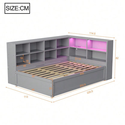 Schlafsofa 90*200, mit Mehrfachsteckdose und mehreren Staufächern, mit Lichtleiste, hydraulisches Bett, Massivholzbett, Einzelbett, multifunktionales Holzbett, Grau.