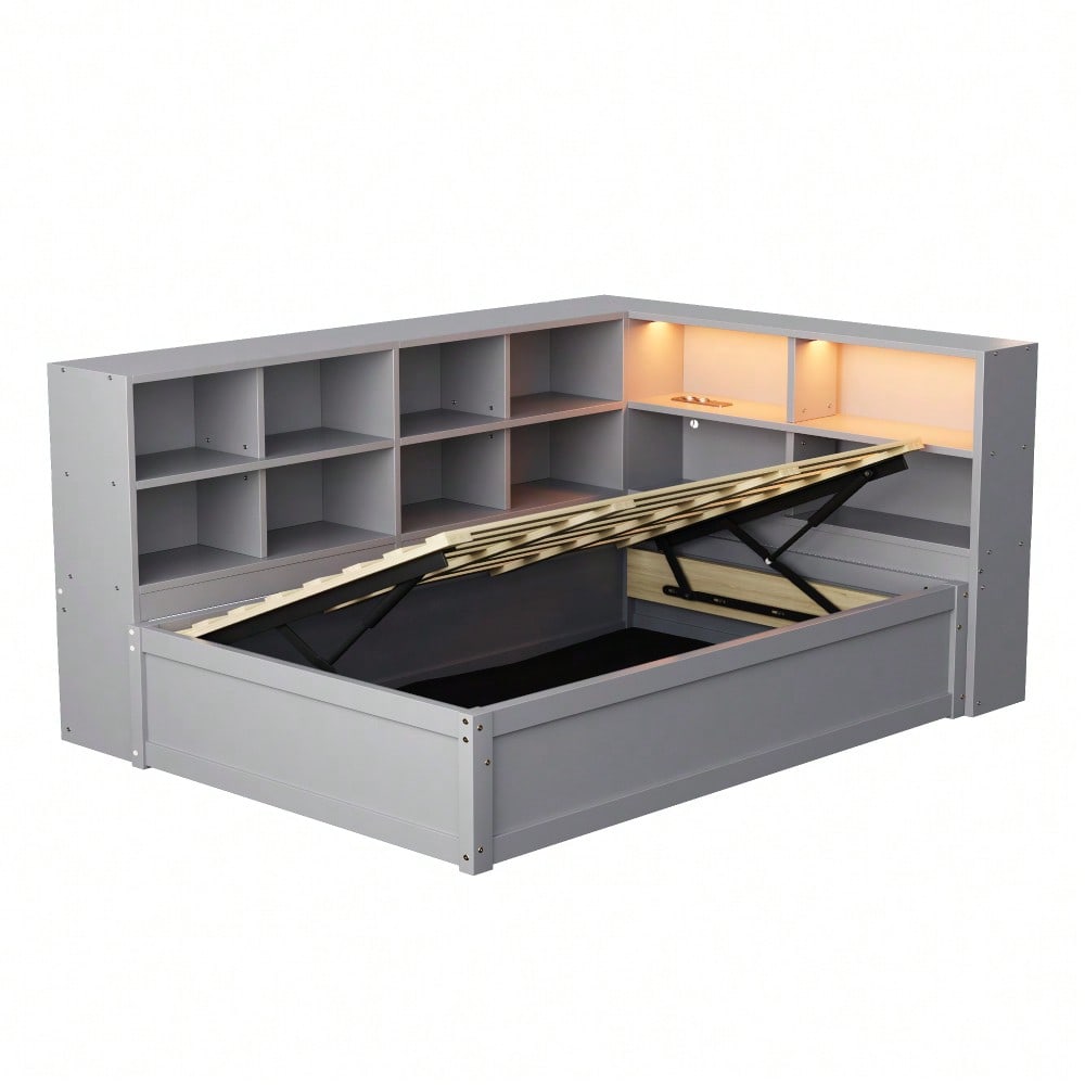 Schlafsofa 90*200, mit Mehrfachsteckdose und mehreren Staufächern, mit Lichtleiste, hydraulisches Bett, Massivholzbett, Einzelbett, multifunktionales Holzbett, Grau.