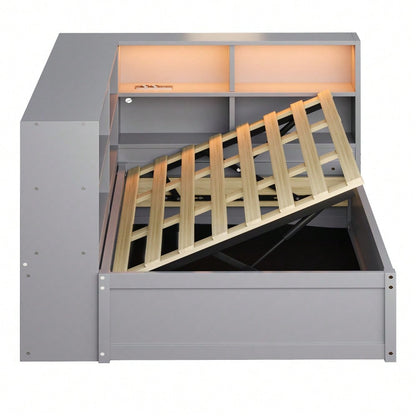 Schlafsofa 90*200, mit Mehrfachsteckdose und mehreren Staufächern, mit Lichtleiste, hydraulisches Bett, Massivholzbett, Einzelbett, multifunktionales Holzbett, Grau.