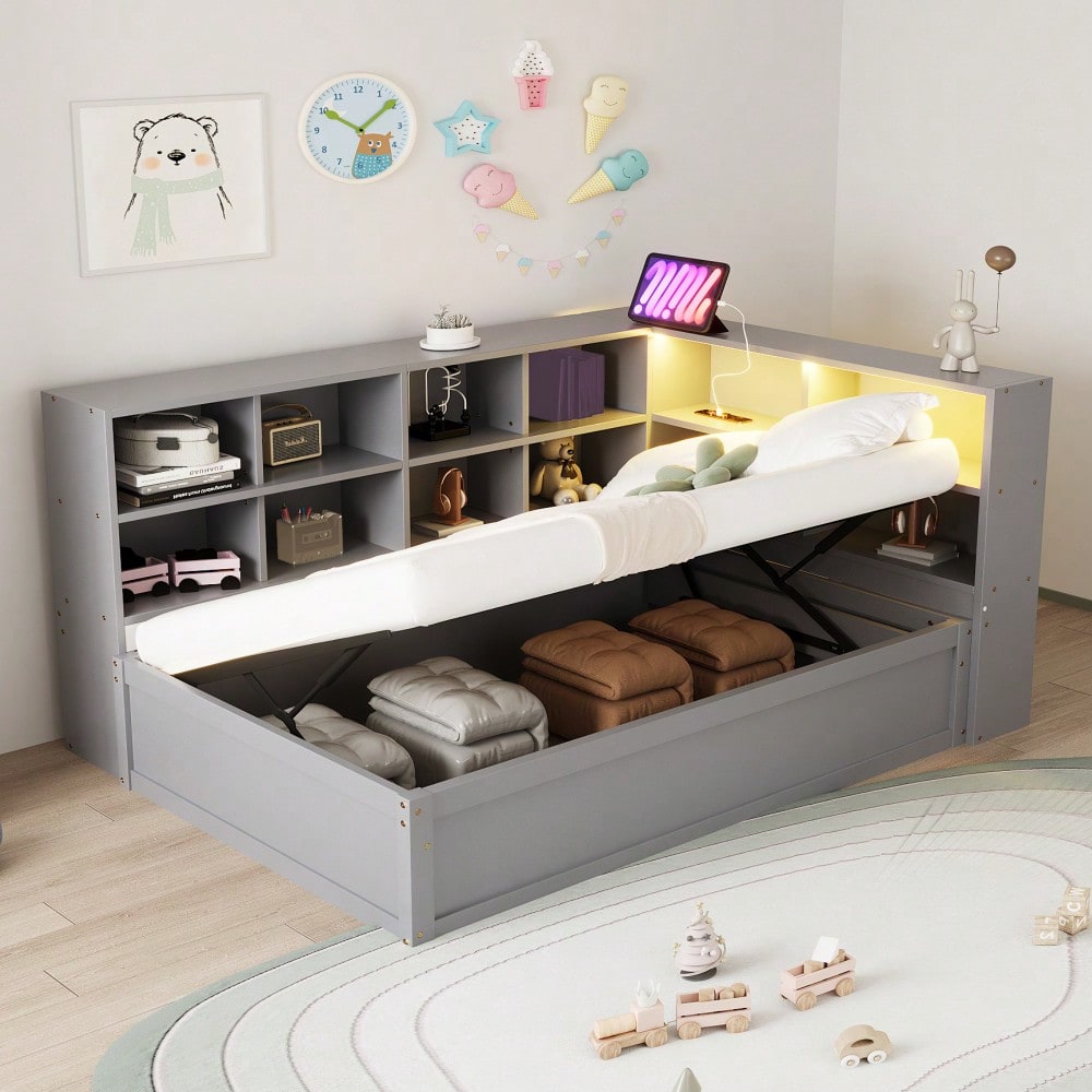 Schlafsofa 90*200, mit Mehrfachsteckdose und mehreren Staufächern, mit Lichtleiste, hydraulisches Bett, Massivholzbett, Einzelbett, multifunktionales Holzbett, Grau.