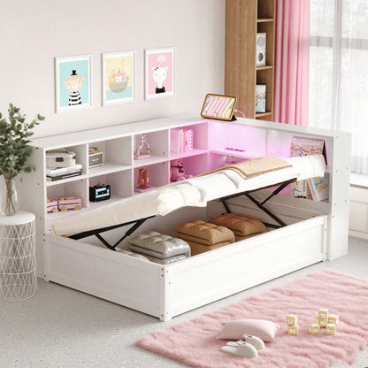 Schlafsofa 90*200, mit Mehrfachsteckdose und mehreren Staufächern, mit Lichtleiste, hydraulisches Bett, Massivholzbett, Einzelbett, multifunktionales Holzbett, Weiß.