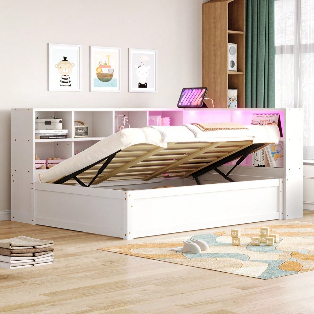 Schlafsofa 90*200, mit Mehrfachsteckdose und mehreren Staufächern, mit Lichtleiste, hydraulisches Bett, Massivholzbett, Einzelbett, multifunktionales Holzbett, Weiß.