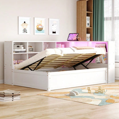 Schlafsofa 90*200, mit Mehrfachsteckdose und mehreren Staufächern, mit Lichtleiste, hydraulisches Bett, Massivholzbett, Einzelbett, multifunktionales Holzbett, Weiß.