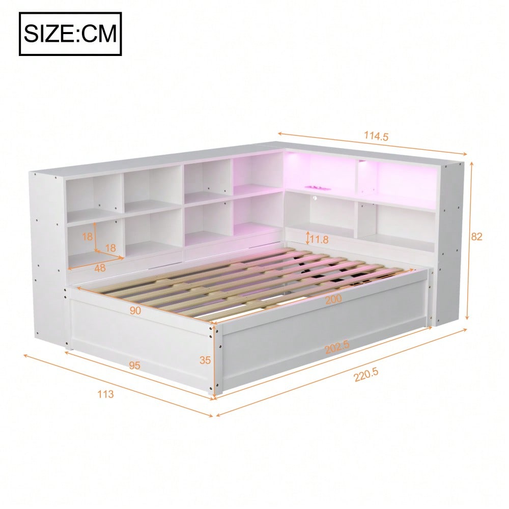 Schlafsofa 90*200, mit Mehrfachsteckdose und mehreren Staufächern, mit Lichtleiste, hydraulisches Bett, Massivholzbett, Einzelbett, multifunktionales Holzbett, Weiß.