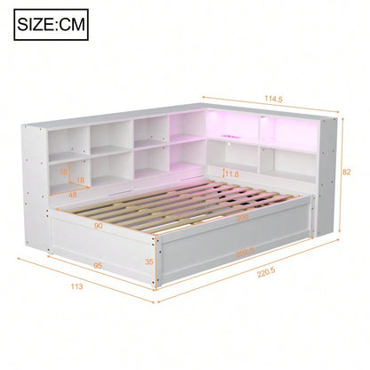 Schlafsofa 90*200, mit Mehrfachsteckdose und mehreren Staufächern, mit Lichtleiste, hydraulisches Bett, Massivholzbett, Einzelbett, multifunktionales Holzbett, Weiß.