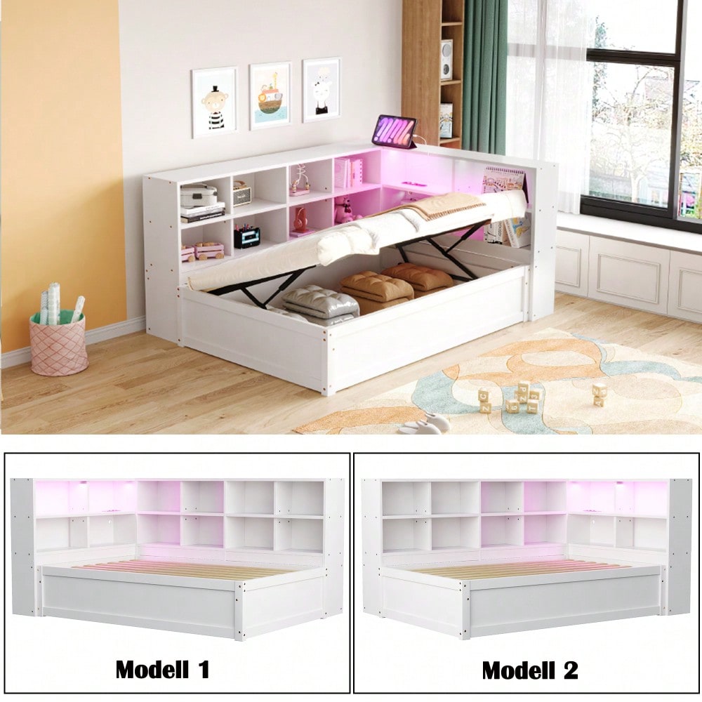 Schlafsofa 90*200, mit Mehrfachsteckdose und mehreren Staufächern, mit Lichtleiste, hydraulisches Bett, Massivholzbett, Einzelbett, multifunktionales Holzbett, Weiß.