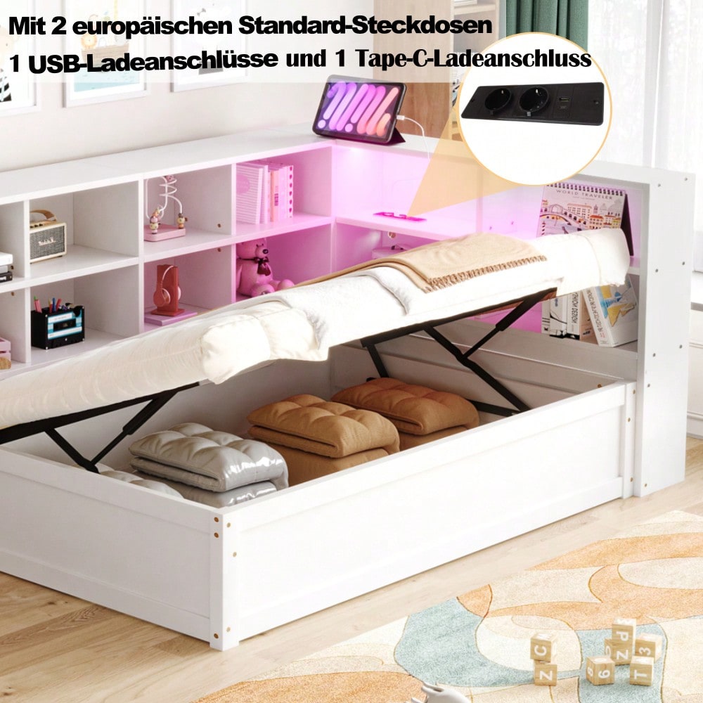 Schlafsofa 90*200, mit Mehrfachsteckdose und mehreren Staufächern, mit Lichtleiste, hydraulisches Bett, Massivholzbett, Einzelbett, multifunktionales Holzbett, Weiß.