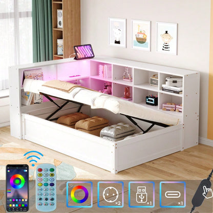 Schlafsofa 90*200, mit Mehrfachsteckdose und mehreren Staufächern, mit Lichtleiste, hydraulisches Bett, Massivholzbett, Einzelbett, multifunktionales Holzbett, Weiß.