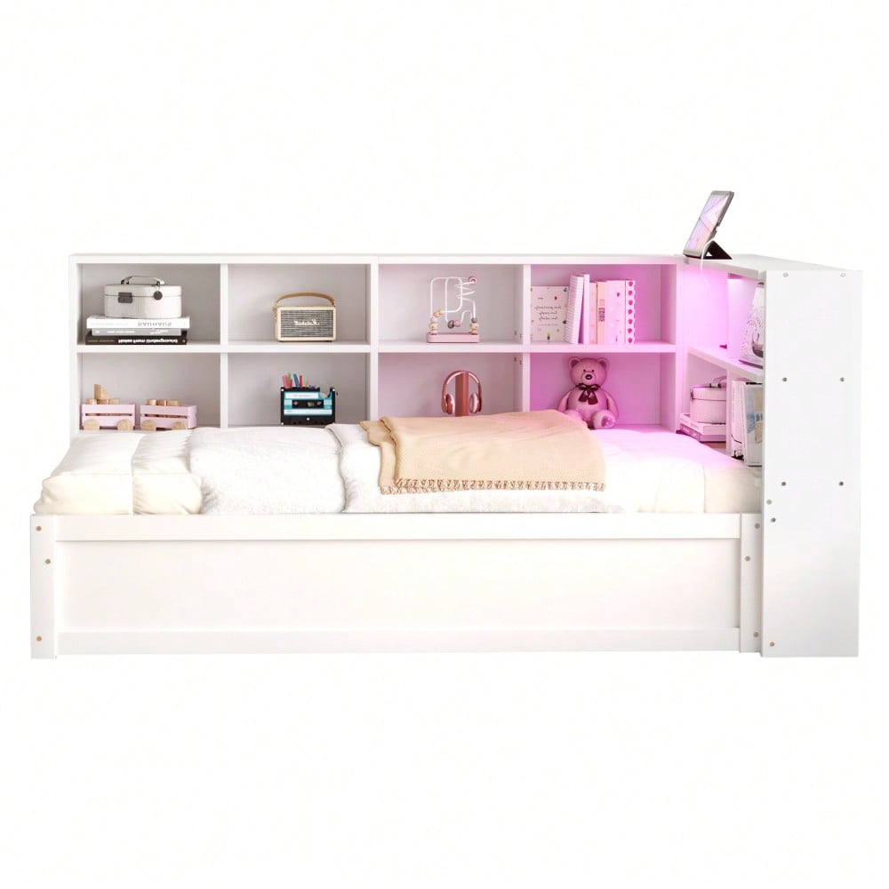 Schlafsofa 90*200, mit Mehrfachsteckdose und mehreren Staufächern, mit Lichtleiste, hydraulisches Bett, Massivholzbett, Einzelbett, multifunktionales Holzbett, Weiß.