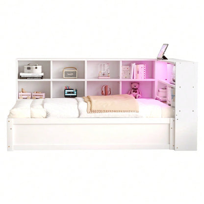 Schlafsofa 90*200, mit Mehrfachsteckdose und mehreren Staufächern, mit Lichtleiste, hydraulisches Bett, Massivholzbett, Einzelbett, multifunktionales Holzbett, Weiß.