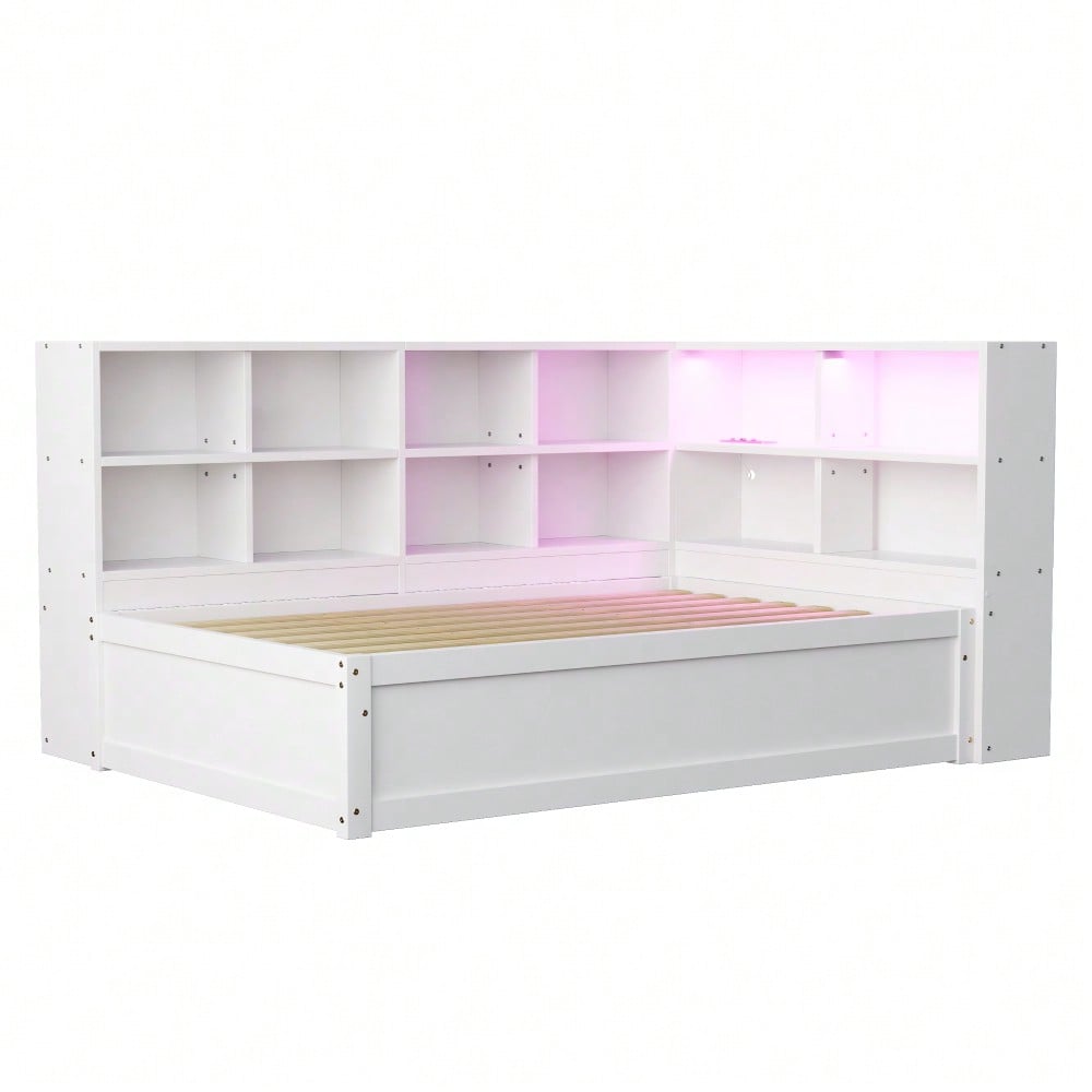 Schlafsofa 90*200, mit Mehrfachsteckdose und mehreren Staufächern, mit Lichtleiste, hydraulisches Bett, Massivholzbett, Einzelbett, multifunktionales Holzbett, Weiß.