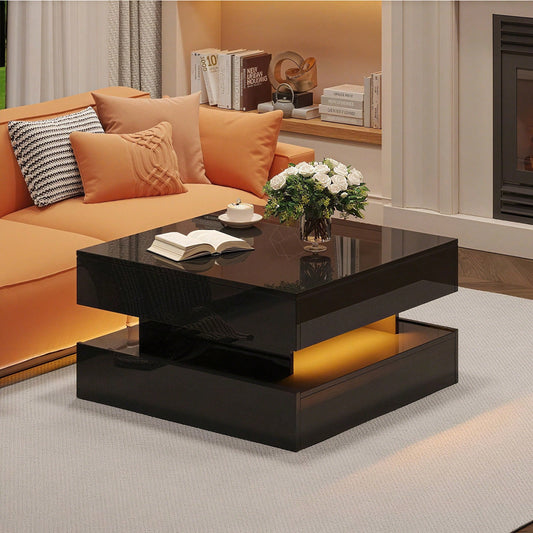 65 x 65 x 38.5 cm anhebbarer Wohnzimmertisch,Beistelltisch,Hochglanz-Couchtisch mit LED-Lichtleiste, Sofatisch mit 2 Schubladen, Kaffeetisch mit geometrischem Design und verstecktem Stauraum,Schwarz