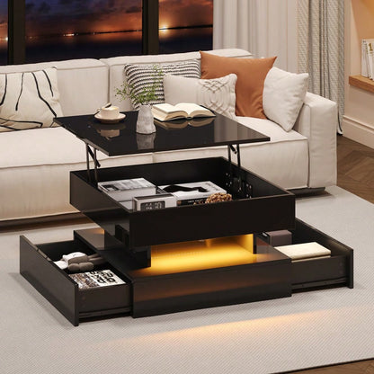 65 x 65 x 38.5 cm anhebbarer Wohnzimmertisch,Beistelltisch,Hochglanz-Couchtisch mit LED-Lichtleiste, Sofatisch mit 2 Schubladen, Kaffeetisch mit geometrischem Design und verstecktem Stauraum,Schwarz