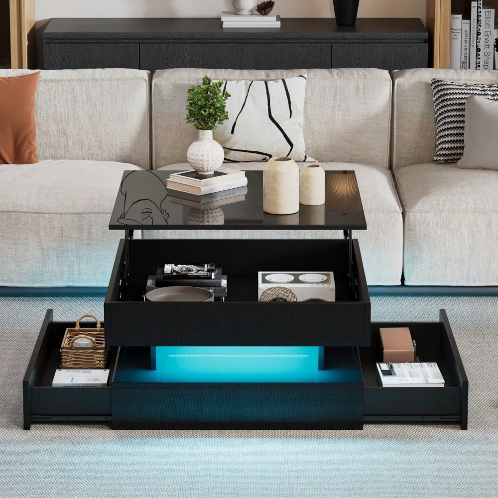 65 x 65 x 38.5 cm anhebbarer Wohnzimmertisch,Beistelltisch,Hochglanz-Couchtisch mit LED-Lichtleiste, Sofatisch mit 2 Schubladen, Kaffeetisch mit geometrischem Design und verstecktem Stauraum,Schwarz