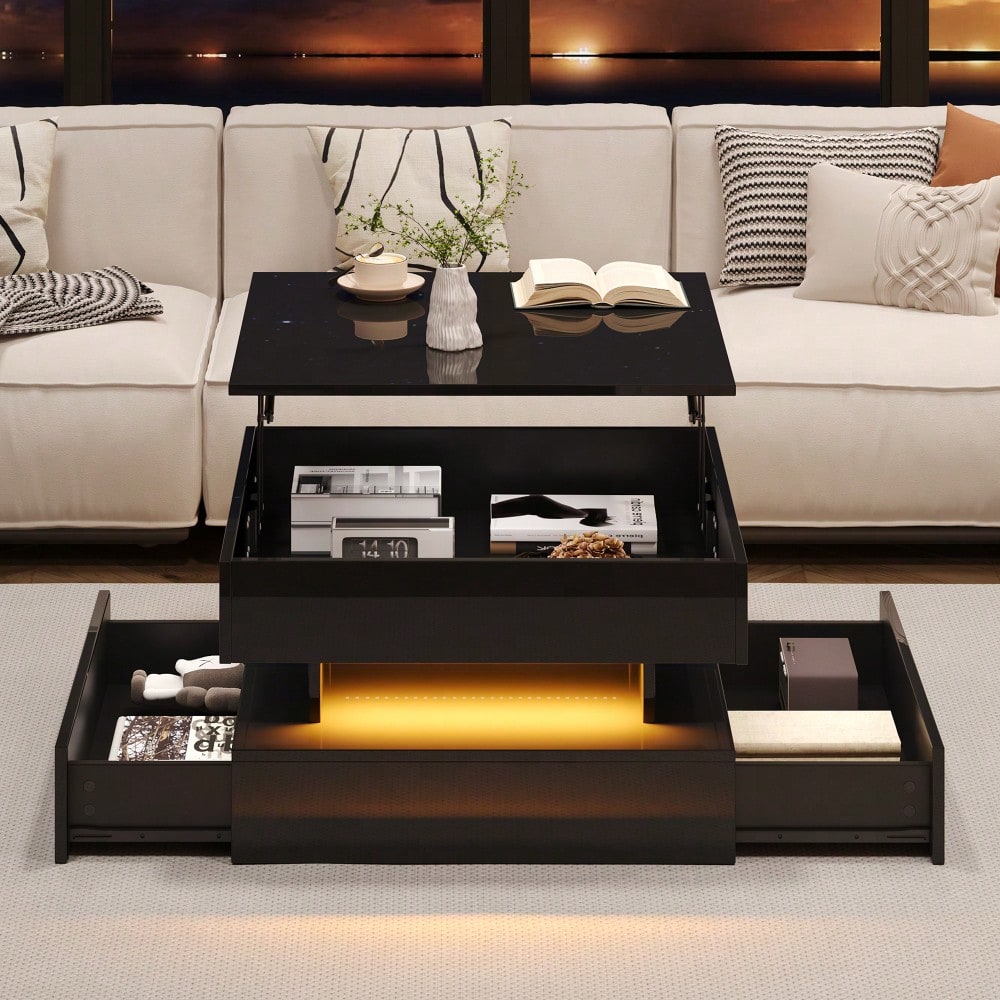 65 x 65 x 38.5 cm anhebbarer Wohnzimmertisch,Beistelltisch,Hochglanz-Couchtisch mit LED-Lichtleiste, Sofatisch mit 2 Schubladen, Kaffeetisch mit geometrischem Design und verstecktem Stauraum,Schwarz
