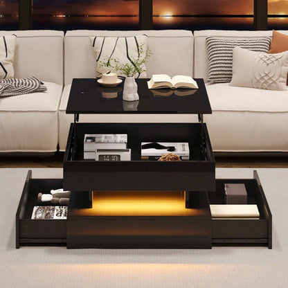 65 x 65 x 38.5 cm anhebbarer Wohnzimmertisch,Beistelltisch,Hochglanz-Couchtisch mit LED-Lichtleiste, Sofatisch mit 2 Schubladen, Kaffeetisch mit geometrischem Design und verstecktem Stauraum,Schwarz
