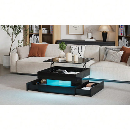65 x 65 x 38.5 cm anhebbarer Wohnzimmertisch,Beistelltisch,Hochglanz-Couchtisch mit LED-Lichtleiste, Sofatisch mit 2 Schubladen, Kaffeetisch mit geometrischem Design und verstecktem Stauraum,Schwarz