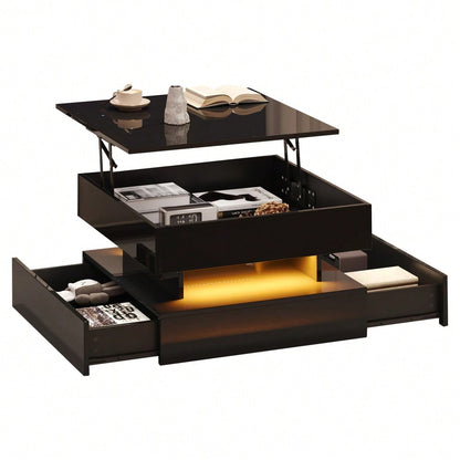 65 x 65 x 38.5 cm anhebbarer Wohnzimmertisch,Beistelltisch,Hochglanz-Couchtisch mit LED-Lichtleiste, Sofatisch mit 2 Schubladen, Kaffeetisch mit geometrischem Design und verstecktem Stauraum,Schwarz