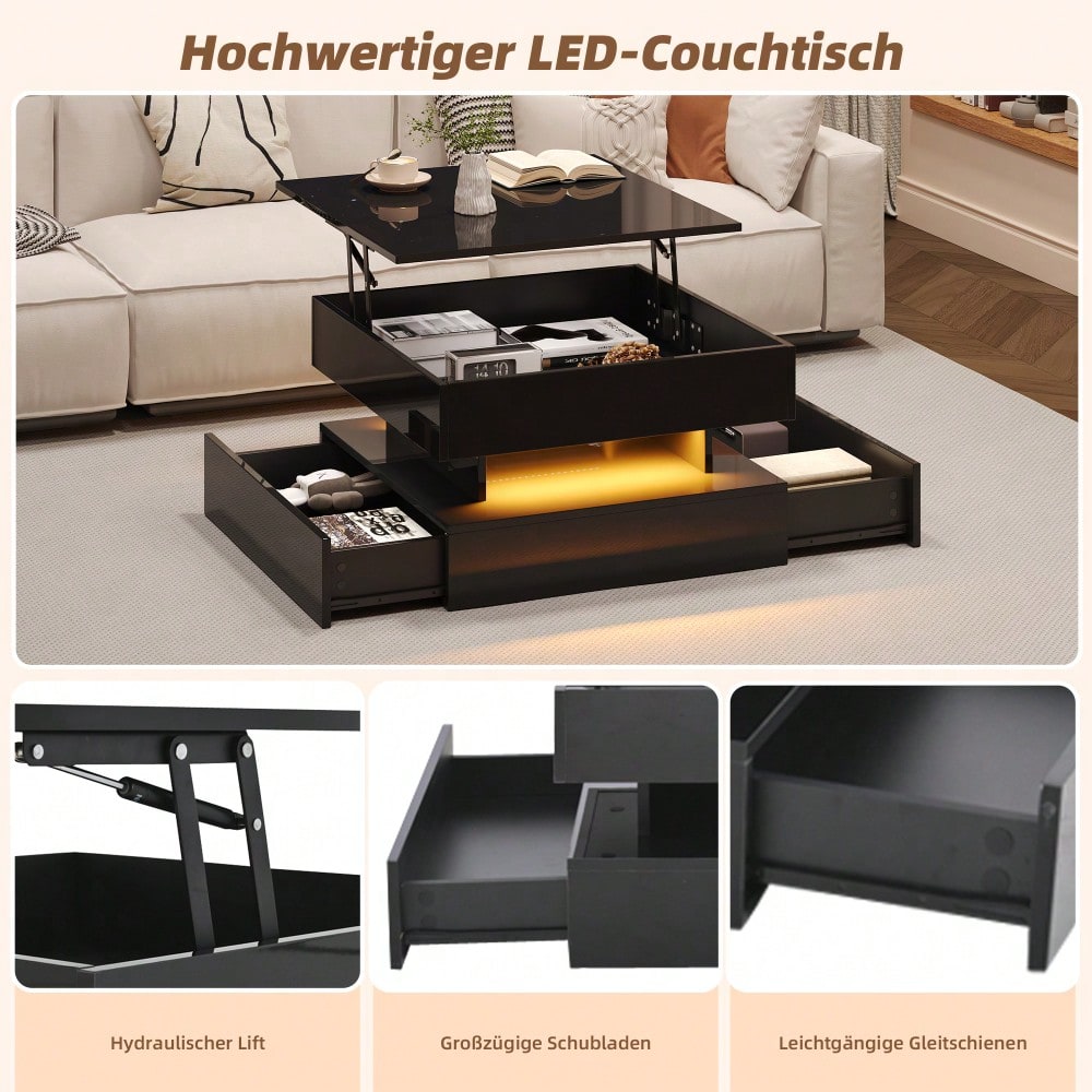 65 x 65 x 38.5 cm anhebbarer Wohnzimmertisch,Beistelltisch,Hochglanz-Couchtisch mit LED-Lichtleiste, Sofatisch mit 2 Schubladen, Kaffeetisch mit geometrischem Design und verstecktem Stauraum,Schwarz