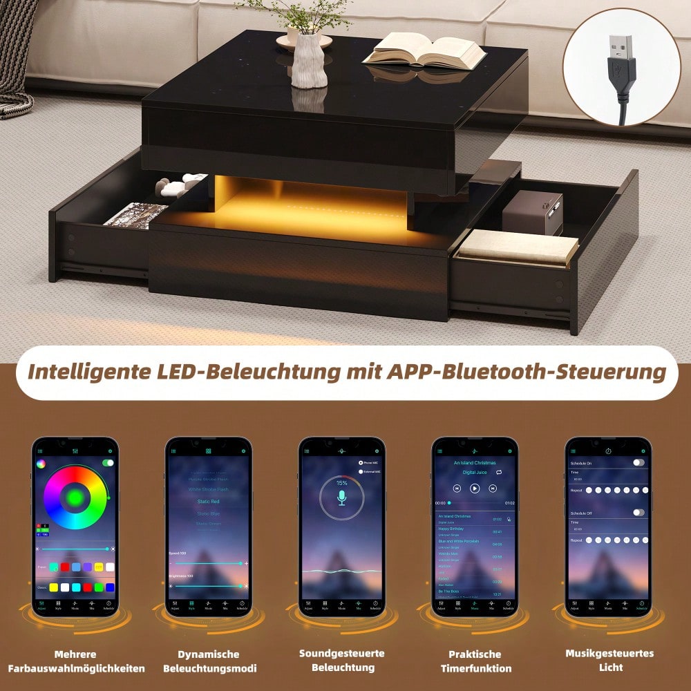 65 x 65 x 38.5 cm anhebbarer Wohnzimmertisch,Beistelltisch,Hochglanz-Couchtisch mit LED-Lichtleiste, Sofatisch mit 2 Schubladen, Kaffeetisch mit geometrischem Design und verstecktem Stauraum,Schwarz