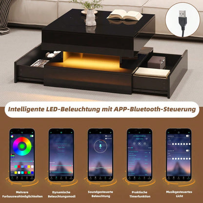 65 x 65 x 38.5 cm anhebbarer Wohnzimmertisch,Beistelltisch,Hochglanz-Couchtisch mit LED-Lichtleiste, Sofatisch mit 2 Schubladen, Kaffeetisch mit geometrischem Design und verstecktem Stauraum,Schwarz