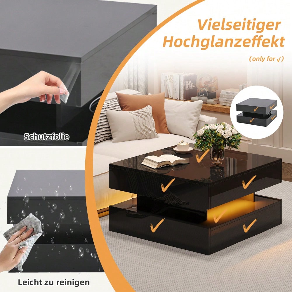 65 x 65 x 38.5 cm anhebbarer Wohnzimmertisch,Beistelltisch,Hochglanz-Couchtisch mit LED-Lichtleiste, Sofatisch mit 2 Schubladen, Kaffeetisch mit geometrischem Design und verstecktem Stauraum,Schwarz