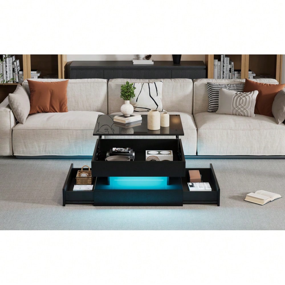 65 x 65 x 38.5 cm anhebbarer Wohnzimmertisch,Beistelltisch,Hochglanz-Couchtisch mit LED-Lichtleiste, Sofatisch mit 2 Schubladen, Kaffeetisch mit geometrischem Design und verstecktem Stauraum,Schwarz
